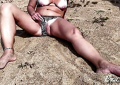 My feet and masturbation with climax and soaked cunt close up on the beach