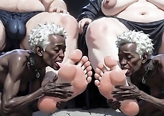 Collar thrall black gal serving her King and Queen by licking their large feet. This babe runs her tongue not fast over their soft soles and sucks eve