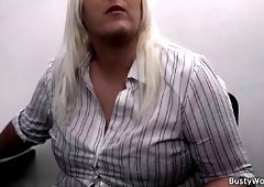 He uses busty blonde women at work