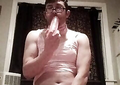 Sissy Sucks Sextoy in Pink Pants and Brassiere