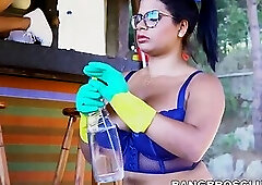 Naughty Latinas share a lucky dick at an outdoor cafe