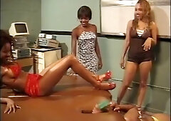 Three beautiful ebony lesbians lick each others pussies in the office
