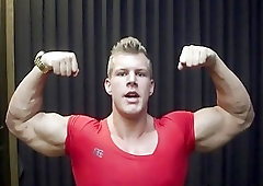 Hunk with massive muscles worships his cock with a toy