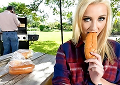 Stunning blonde with massive boobs Jade Amber loves outdoor sex