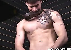 Muscular Bruce Huxley stroked his throbbing cock after having a hard time at the office