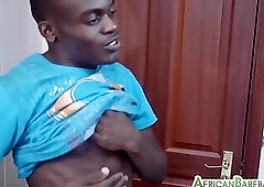 Real solo African twink jerks cock in homemade masturbation