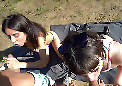 Casual 4some sex outdoors with two big-arse brunettes