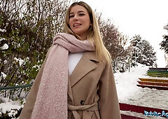 Cute blonde in public POV deepthroats big dick and gets her tight pussy pounded hard