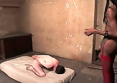 Cute black TS mistress plays with her blindfolded bondage slave