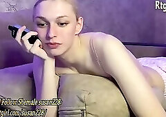 thin German blonde trangirl in black stockings jerks off her girly cock