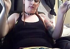 nerdy looking shemale jerking off alone