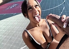 Ebony bombshell sucks and fucks big black cock outside