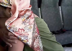 Chubby stomach older with saggy bazookas and headscarf picked up from street for a coarse large ebony dong anal lesson in my driving bus
