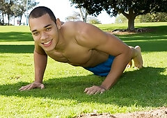 Muscular ebony hottie jerks his BBC and cums profuesly