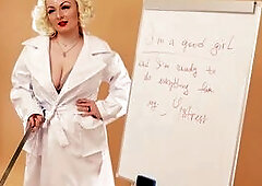 JOI wank instructions FOR GALS - FemDom POV backstage movie scene - fetish Headmistress in PVC Vinyl Coat