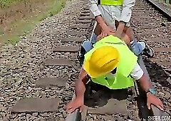 The workers worked hard today. They called their friend for an orgy at lunchtime, and dessert was