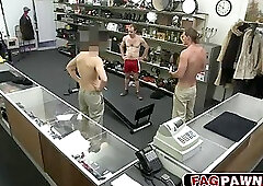 Muscle hunk banged in pawn shop by two guys that want his ass