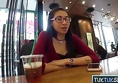 Tiny but with fake breasts Thai angel picked up for lewd sex at home