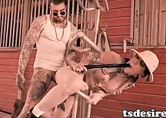 Lena Moon is a pretty shemale gal who gives Hell4Slootz a blow job and even gives the dude permission to bang her butt hard.