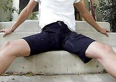 Pissing ebony muscular shorts outdoors and wanking into my t-shirt