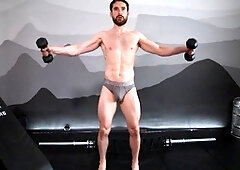 Muscular hunk Jay Stroke wears tight underwear while working out and masturbating for a fan