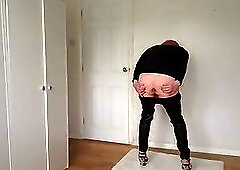 Stripping off my black leather trousers with no panties on