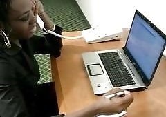 Thoughtful ebony shemale secretary takes her sexy clothes off to pose around