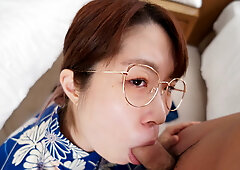 Nerdy Asian girl sucks a cock and gives some pussy