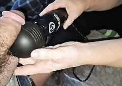 Using a massager on my balls before she sucks my cock and swallows my cum