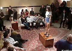 Tiny brunette hair thrall Micah Halili in mini blue petticoat and constricted top posing for public then for the 1st time in slavery taking large jock