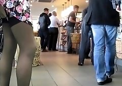 Sexy slender amateur hottie in stockings upskirt in public