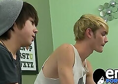 Young twink jerks off his hard boner while riding emos cock