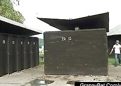 Chubby older lady screwed in a public changing room