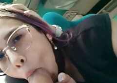 Oral job and screwing with creampie in public service bus - BlakeProductions