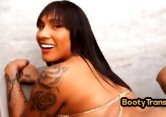 Inked shemale gets her backdoor pounded by hung guy without a condom