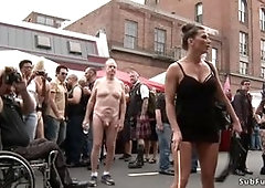 Ariel X and Bill Bailey fuck and fist sexy blonde slut Mona Wales in public restroom then drag her on the streets at folsom street fair for caning