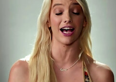 Busty blonde babe fingers pussy