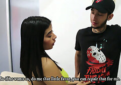 Voluptuous big-titted Latina MILF seduces the plumber during a home repair and takes his load deep inside on the living room couch