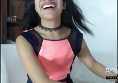 Brunette Tgirl cums on face