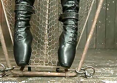 Gagged brunette lesbian slave Cassandra Nix in red dress bent over stand and spanked then in latex mask and tights ass whipped by lezdom Claire Adams