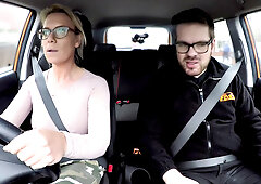 Cardriving babe fingering pussy while pounded by instructor