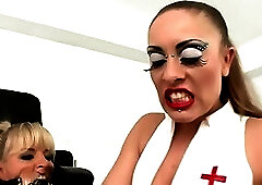 Omg! Sexy Brunette in Nurse Outfit Dominates Bound Man with Handjob in Clinic