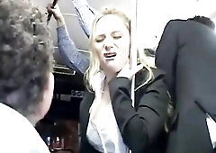 Lustful golden-haired groped to multiple climax on bus & drilled