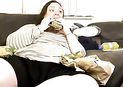 HUUGE big beautiful woman trans cutie with large corpulent stomach stuffs with junk food