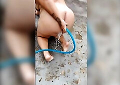 Sticking the water pantyhose in the booty and vagina