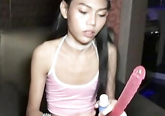 Amateur Oriental teen ladyboy jams a large sex-toy in her butt and sucks a large dick all recorded on camera by a tourist visiting Thailand This Chab 