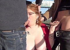 Voluptuous redhead shares intense amateur anal threesome ending with cum load