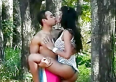 Guy drills hot brunette tranny with small tits in the forest