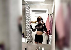 teen trans with large titties letting her knob hang on her fishnet petticoat