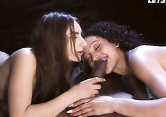 Tattooed Brunette hair Rides His BBC Cowgirl Whilst Her Ally Grasps His Shaft